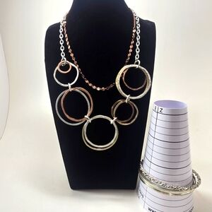 Tri-color Necklace with Rings Rosegold Dainty Chain 3 Mixed Metal Bangles
